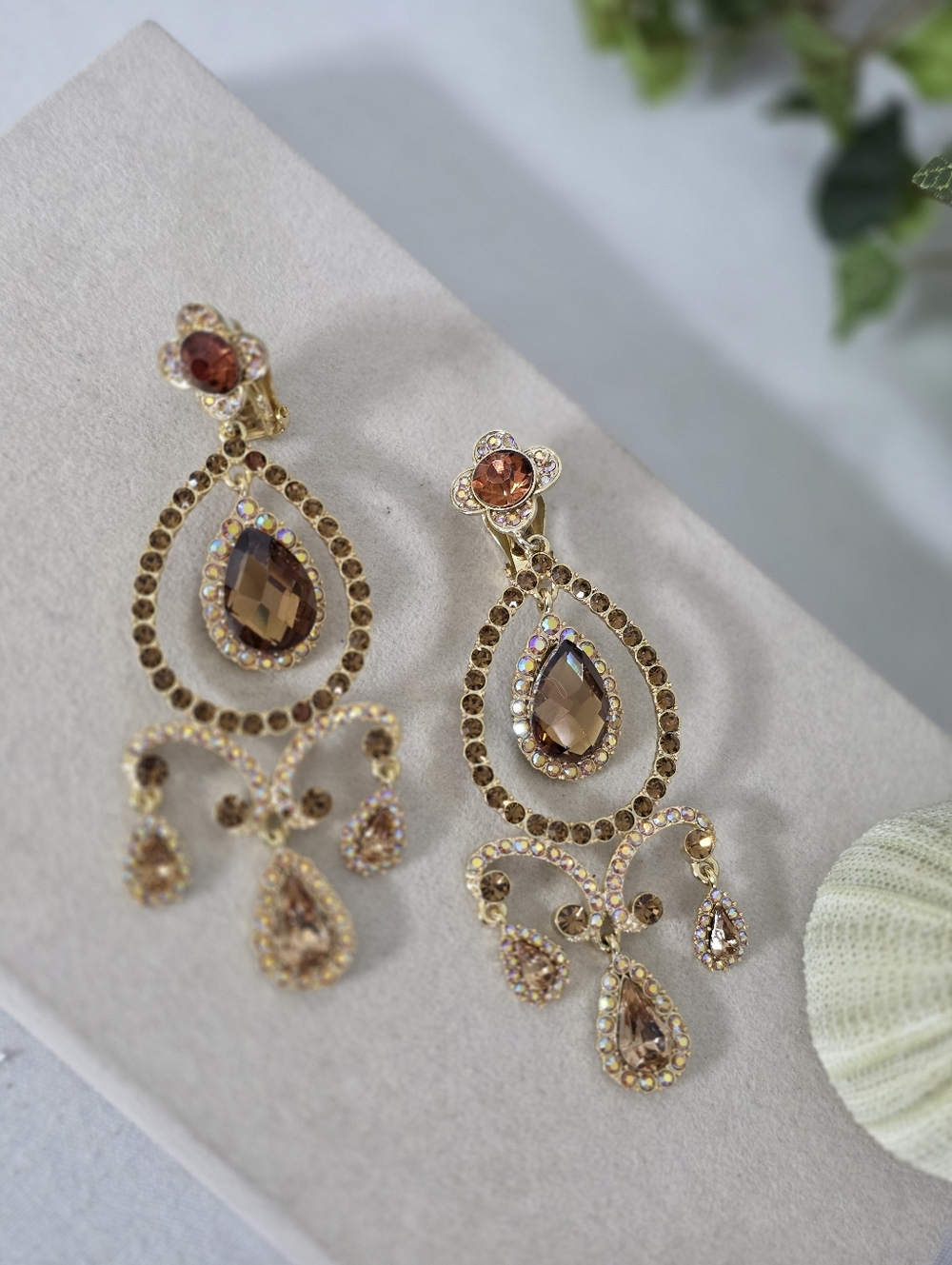 Vintage Vibes Statement Gold Chandelier Clip On Earrings Smokey Topaz Crystals